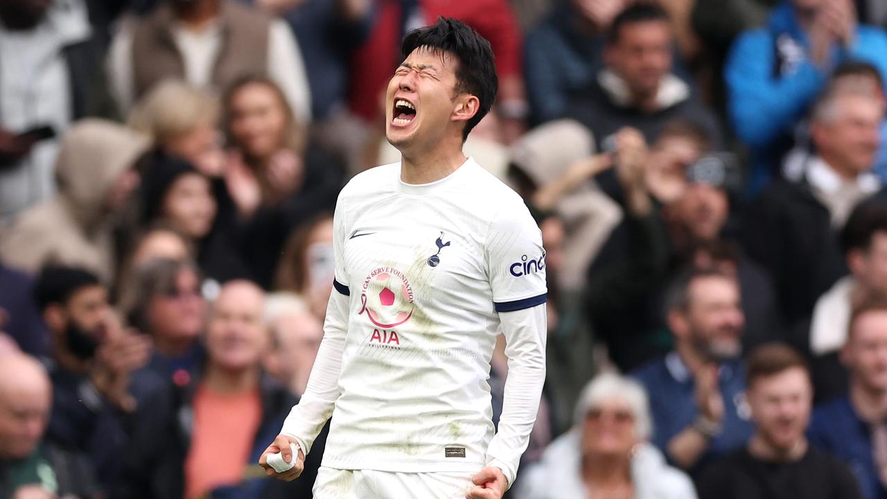 LONDON, ENGLAND – MARCH 30: Heung-Min Son of Tottenham celebrates scoring his sides second goal during the Premier League match between Tottenham Hotspur and Luton Town at Tottenham Hotspur Stadium on March 30, 2024 in London, England. (Photo by Alex Pantling/Getty Images) (Photo by Alex Pantling/Getty Images)