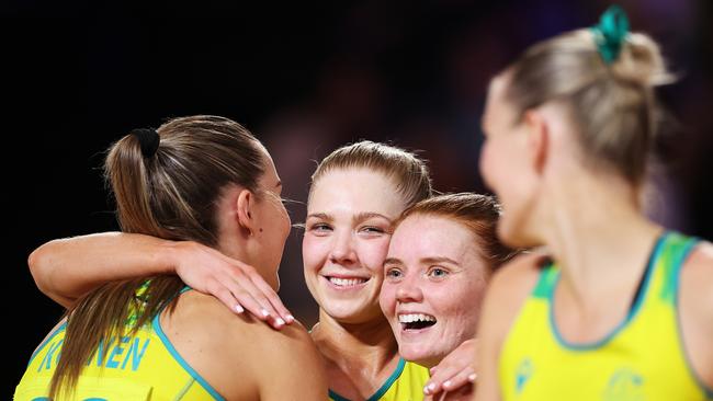 (L-R) Cara Koenen, Kate Moloney, Steph Wood and Courtney Bruce of Team Australia celebrate victory during the Netball Semi-Final match between Team England and Team Australia on day nine of the Birmingham 2022 Commonwealth Games. Picture: Mark Kolbe/Getty Images