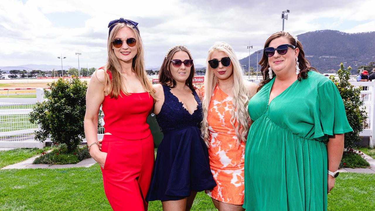 Jasmin Rolland, Danielle England, Skye Callinan and Jess Fyfe are out enjoying the Hobart Cup Race day at Elwick Racecourse. Picture: Linda Higginson