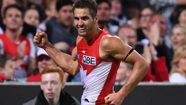 Josh Kennedy celebrates a goal against Collingwood.