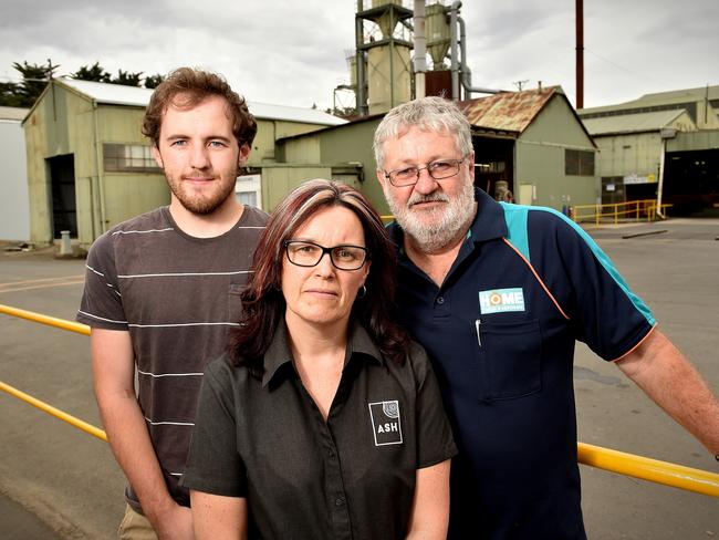 The Sellings family: son Hayden, mum Julie and husband Tony at the Heyfield mill. Picture: Andrew Batsch