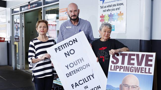 Residents Nan Mann, Steve Lippingwell and Fran Lindsay outside Piccone's IGA, where a petition against the proposed youth detention facility was being signed. Picture: Brendan Radke