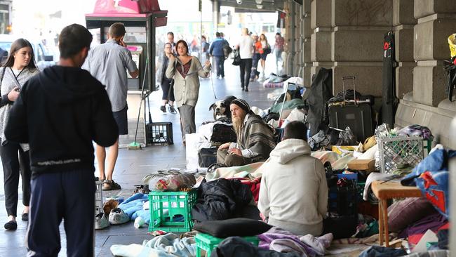 The homeless camp outside Flinders Street Station today. Picture: Hamish Blair