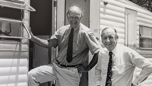 Deputy Prime Minister and Country Party Leader Doug Anthony with Tim Fisher at the "Prime Ministerial caravan" where Mr Anthony ran the country while on holiday at New Brighton.