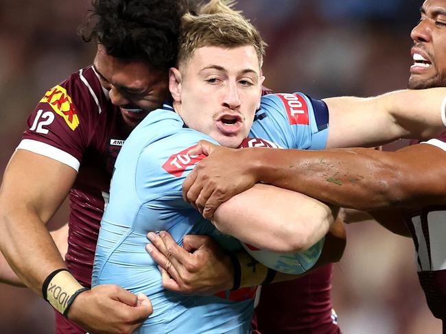 BRISBANE, AUSTRALIA - MAY 28: Max King of the Blues charges froward during game one of the Men's State of Origin series between Queensland Maroons and New South Wales Blues at Suncorp Stadium on May 28, 2025 in Brisbane, Australia. (Photo by Chris Hyde/Getty Images)