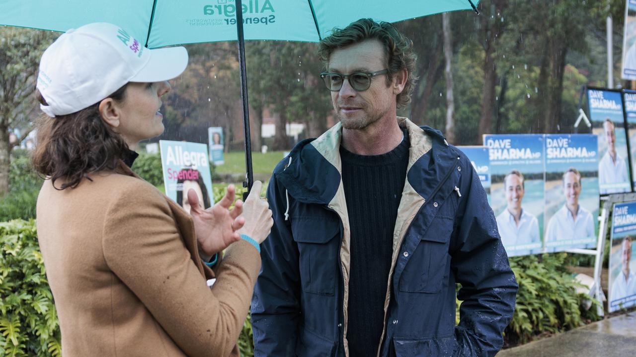 Simon Baker being interviewed by Allegra Spender, Federal Member for Wentworth, earlier this year. Picture: Brook Mitchell/Getty Images