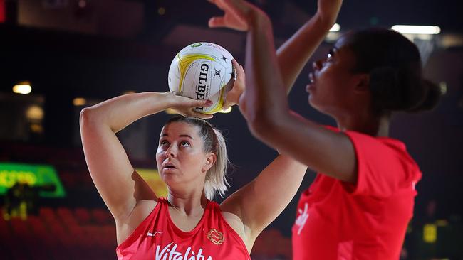 ADELAIDE, AUSTRALIA - SEPTEMBER 19: Eleanor Cardwell of the Roses  during game one of the international series between Australia Diamonds and England Roses at Adelaide Entertainment Centre on September 19, 2024 in Adelaide, Australia. (Photo by Sarah Reed/Getty Images)