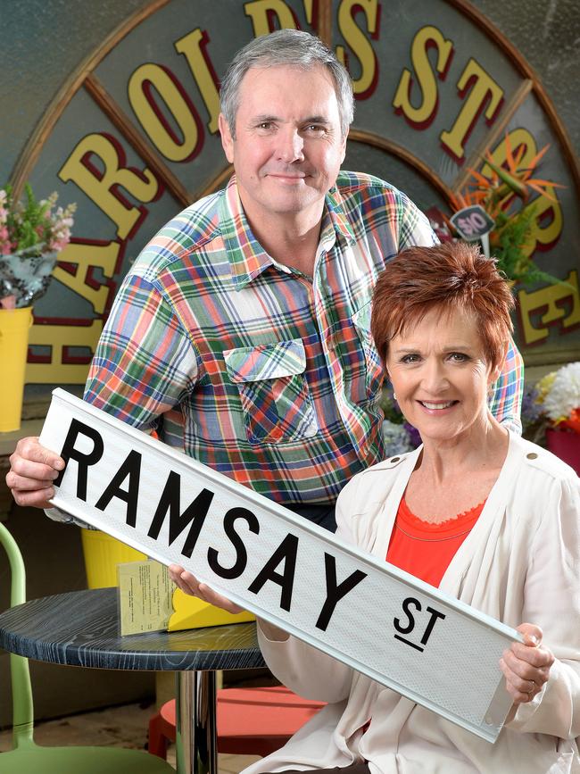 Neighbours cast members Alan Fletcher and Jackie Woodburne. Picture: Steve Tanner