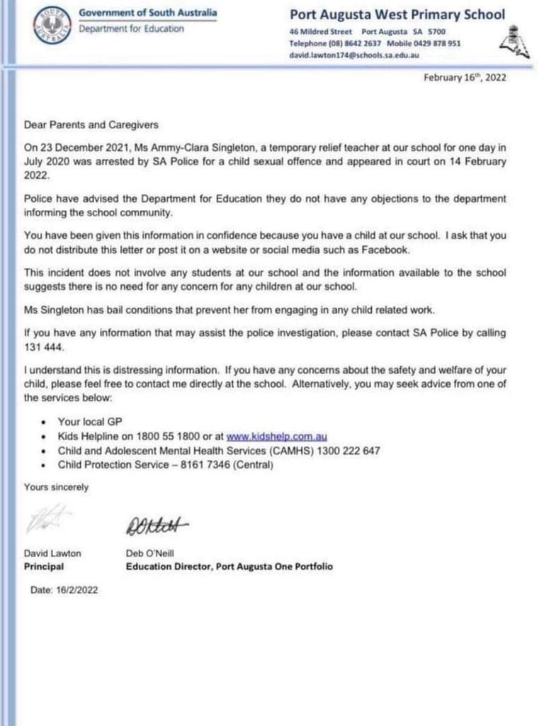 A letter was sent to parents at Port Augusta West Primary School. Picture: supplied