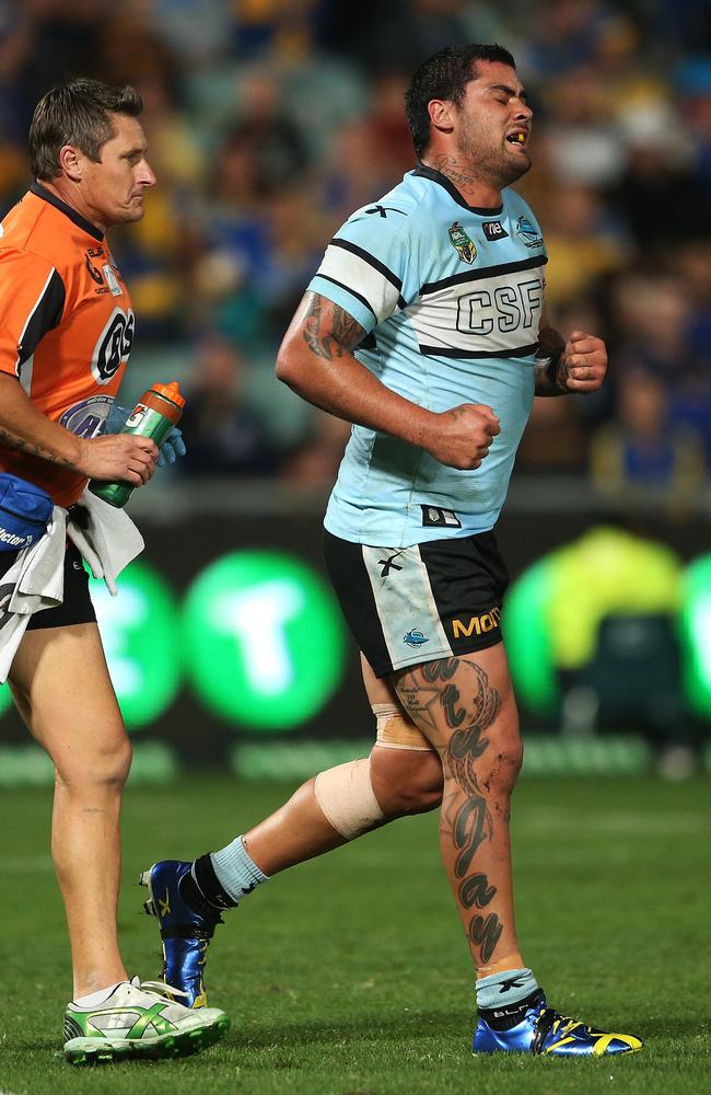 Cronulla's Andrew Fifita leaves the field with an injured ankle.