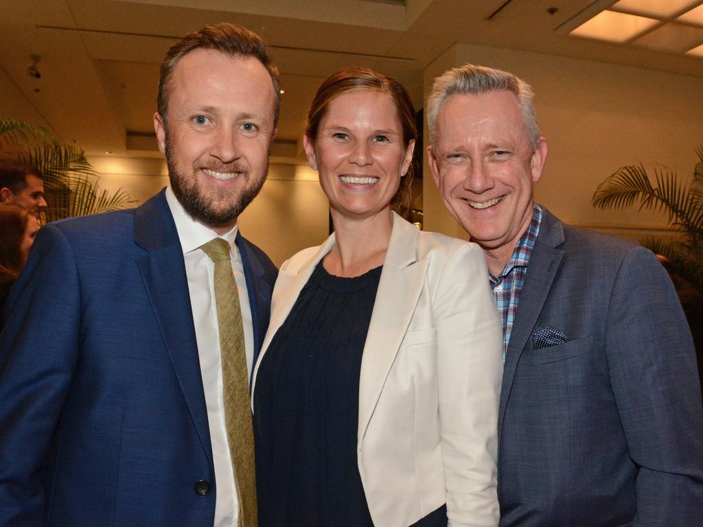 Ben Roche, Hanna Gopperth, Professor Adam Shoemaker at Gold Coast Marathon gala dinner at QT Resort Surfers Paradise. Picture: Regina King.