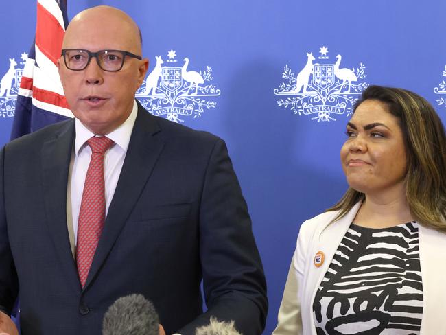 VOICEREF23 Peter Dutton, leader of the opposition NLP, and Jacinta Price, leaders of No campaign, National No Event, Water Front Place, Brisbane, on Saturday 14th October 2023 - Photo Steve Pohlner