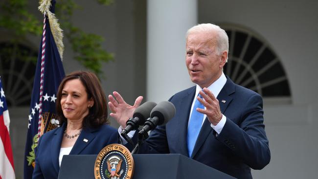 US Vice-President Kamala Harris looks on as Joe Biden delivers remarks on the pandemic from the Rose Garden of the White House on Friday. Picture: AFP