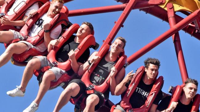 Adelaide Crows players enjoying the rides on the Gold Coast. Picture: AFC Media