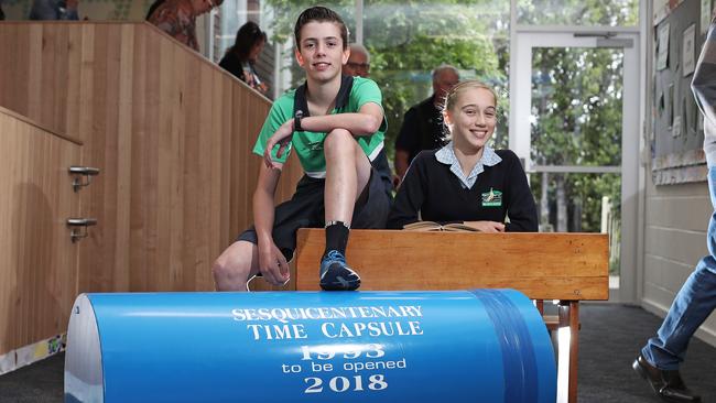 Bellerive Primary School Grade 6 captains Jasper Gye and Anais Fitzpatrick will have the honour of opening the school’s time capsule. Picture: LUKE BOWDEN