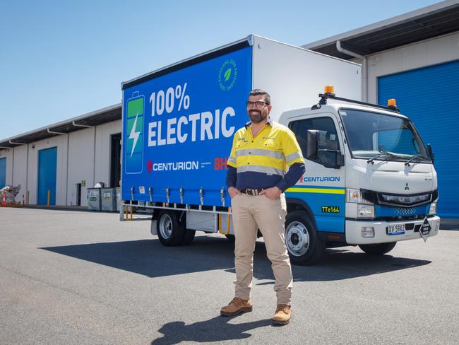 Centurion CEO Justin Cardaci with the fully-electric Fuso eCanter truck thanks to a partnership with BHP. Picture: Contributed