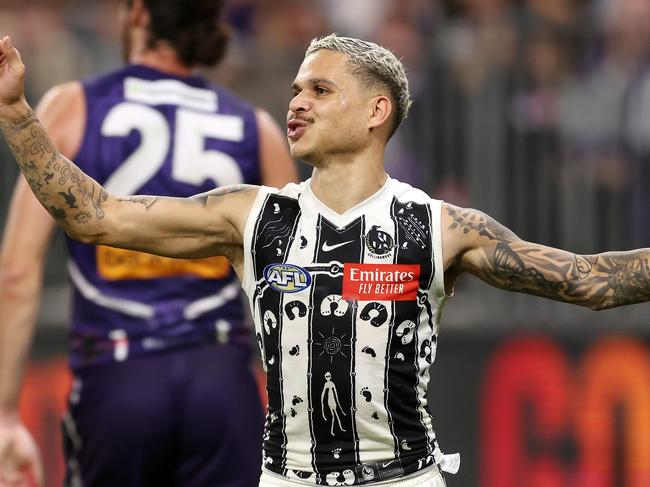 PERTH, AUSTRALIA - MAY 24: Bobby Hill of the Magpies celebrates after scoring a goal during the 2024 AFL Round 11 match between Walyalup (Fremantle) and the Collingwood Magpies at Optus Stadium on May 24, 2024 in Perth, Australia. (Photo by Will Russell/AFL Photos via Getty Images)