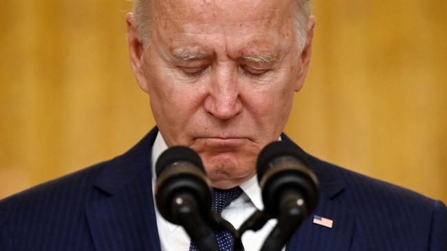 US President Joe Biden pauses as he delivers remarks on the terror attack at Hamid Karzai International Airport, and the US service members and Afghan victims killed and wounded. Picture: Jim Watson/AFP