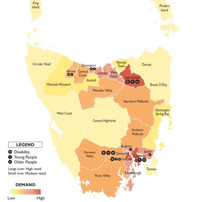 Map showing regions of high demand for social housing across the state. PICTURE: Communities Tasmania.