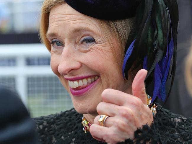 Trainer Gai Waterhouse gives a thumbs up gesture after her horse English ridden by Sam Clipperton won the Schweppes All Aged Stakes race on English during the Schweppes All Aged Stakes Day at Royal Randwick racecourse in Sydney, Saturday, April 16, 2016. (AAP Image/David Moir) NO ARCHIVING, EDITORIAL USE ONLY