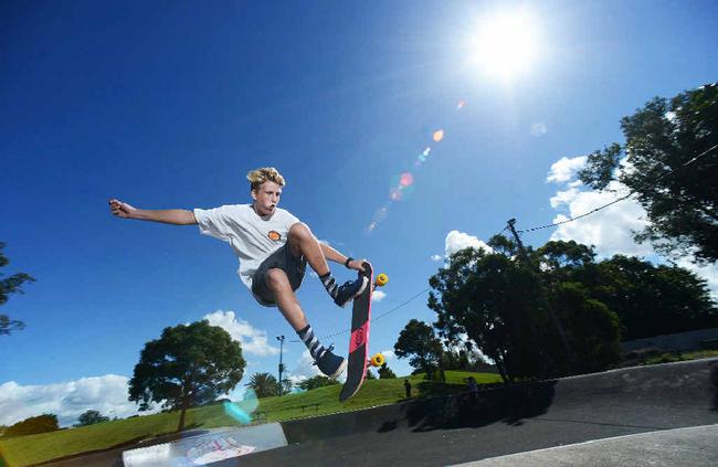 KEEP OF THE FOOTPATH: Local skateboarder Harrison Duffy tearing up the Lismore skate park. Picture: Patrick Gorbunovs