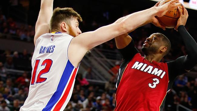 Aron Baynes blocks Dwyane Wade. Picture: Getty Images/AFP