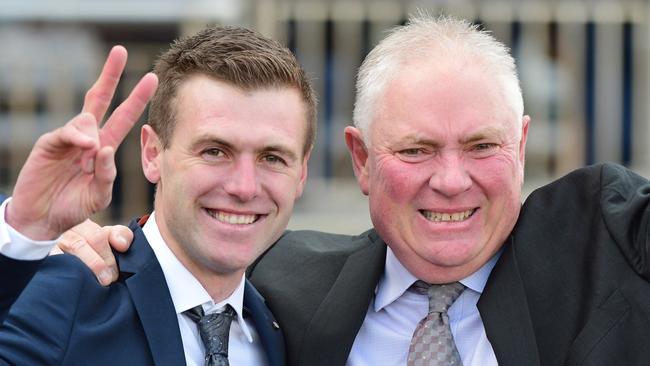 Rod Douglas (right), racing manager representing owner Johnathan Munz, pictured with trainer Clayton Douglas, made scathing comments about jockey Craig Williams’ ride on Giga Kick in the Group 2 McEwen Stakes. Picture: Getty Images