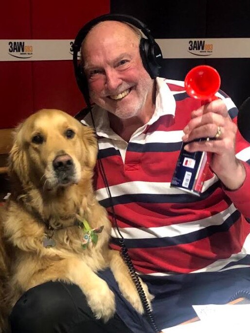 Rex Hunt in the 3AW studio in July 2021 with his dog, Jack. Picture: Supplied.