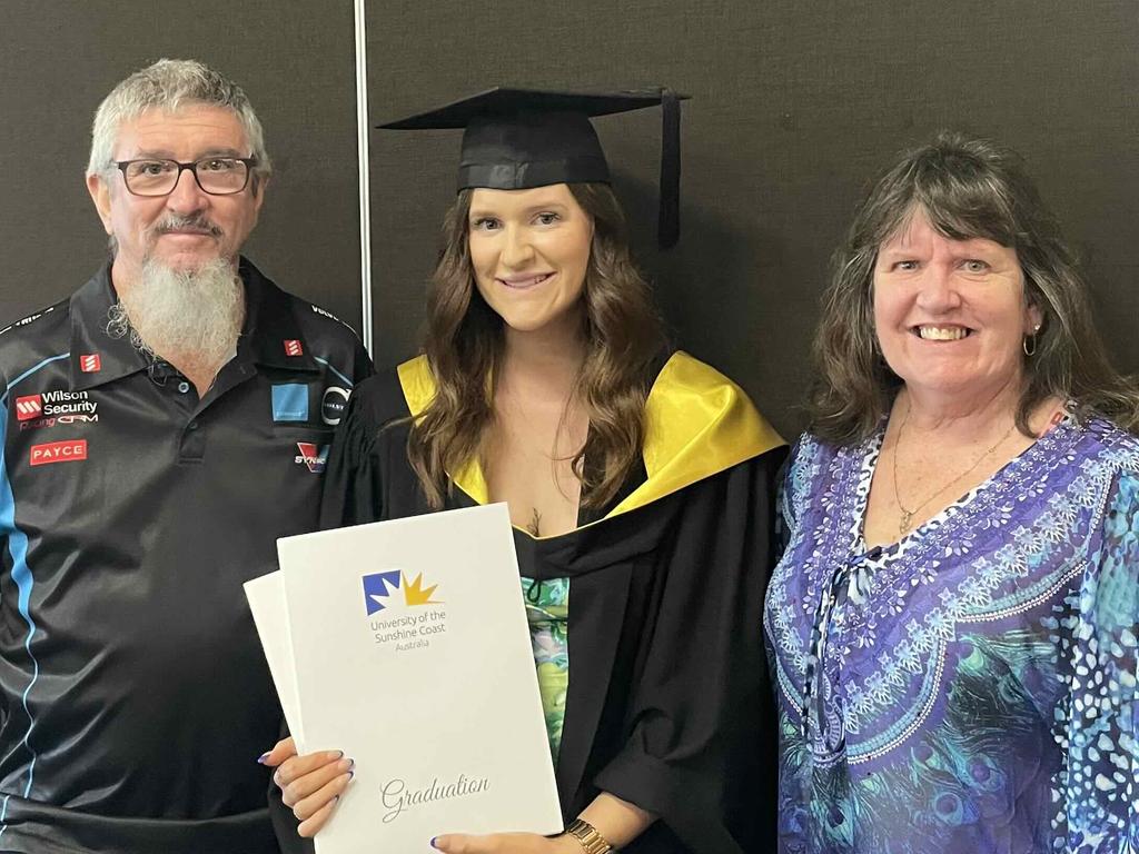 The Bryant family at the University of the Sunshine Coast graduation ceremony at the Beach House Hotel on October 12, 2023.