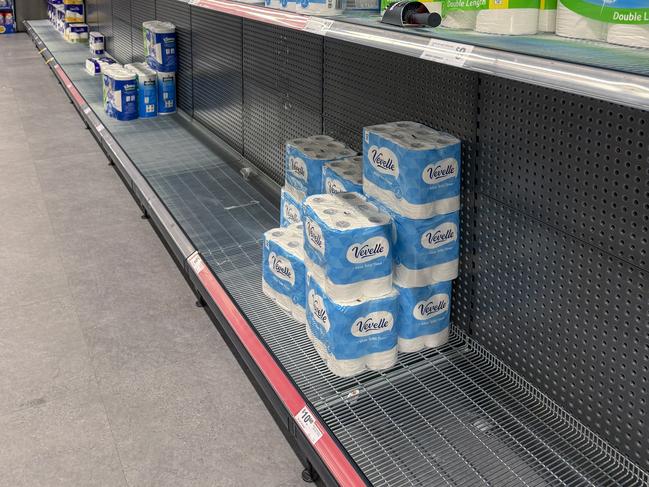 Toilet paper and bottled water were in low supply in Lismore on Tuesday. Picture: NewsWire / Glenn Campbell