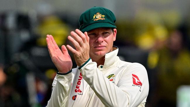 Australia's captain Steve Smith celebrates after their win at the end of the fourth day of the first Test cricket match against Sri Lanka at the Galle International Cricket Stadium in Galle on February 1, 2025. Australia won the first Test against Sri Lanka by an innings and 242 runs inside four days on February 1 to hand the hosts their worst Test cricket defeat. (Photo by Ishara S. KODIKARA / AFP)