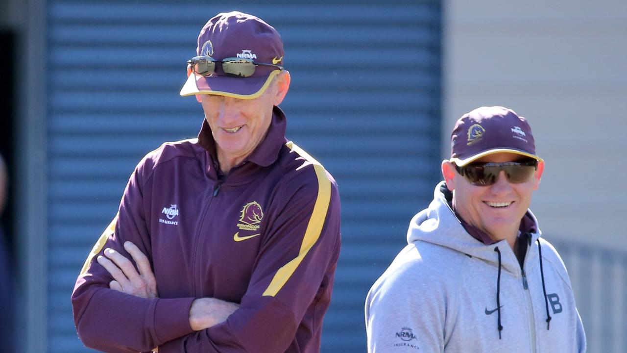 Coaches Wayne Bennett and Kevin Walters at Brisbane Broncos training, Red Hill. Pic Jono Searle.