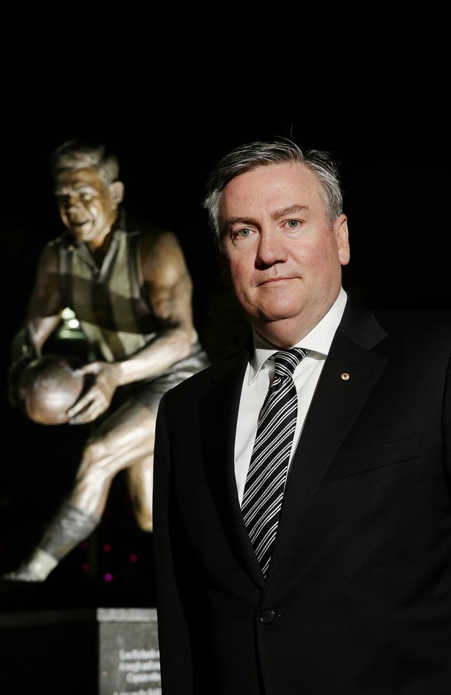 Eddie McGuire, pictured on Monday night next to Lou Richards’s statue at The Glasshouse. Picture Norm Oorloff