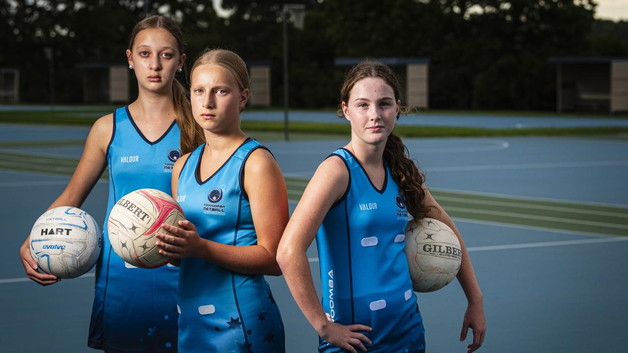 Toowoomba Netball Association U13A players (from left) Maya Cameron, Elsa Bradshaw and Lola Marjoribanks. Picture: Kevin Farmer