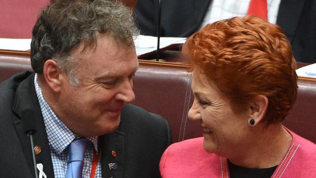 Former One Nation senator Rodney Culleton with Pauline Hanson in happier times. Picture: AAP 