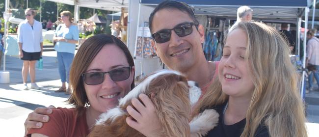 Ipswich 2023 Dog Day at Nicholas Street Precinct pictured is Rebecca Ryder, Matt Ryder and Ava Ryder with dog Molly