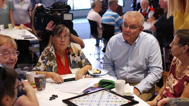 Then Prime Minister Scott Morrison meets with members of the Gray Community Hall, which is in the electorate of Solomon, on May 17, 2022 in Darwin, Australia. The Australian federal election will be held on Saturday 21 May. (Photo by Asanka Ratnayake/Getty Images)