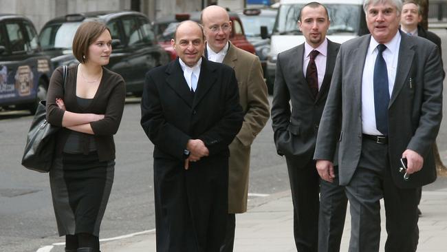 Ikin’s lawyers and supporters, including friend John Birtram (R) outside London’s High Court for the battle over the forged will. Picture: Tim Anderson