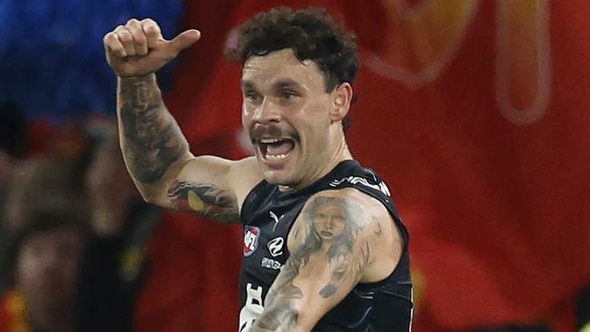 MELBOURNE , AUSTRALIA. May 25, 2024.  Carlton vs Gold Coast Suns at Marvel Stadium.    Zac Williams of the Blues celebrates a 1st quarter goal with an indigenous dance   . Pic: Michael Klein