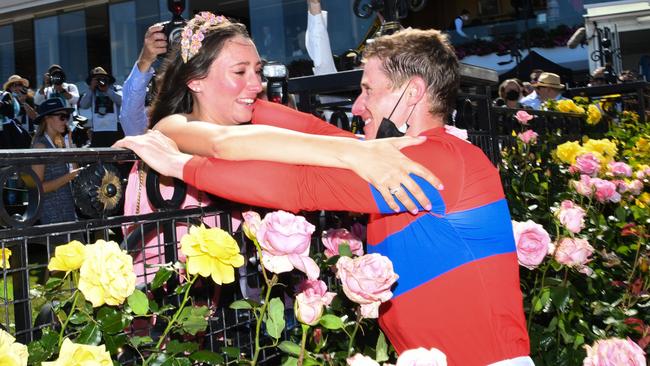 Katie Mallyon embraces partner James McDonald after the Melbourne Cup. Picture: Getty Images