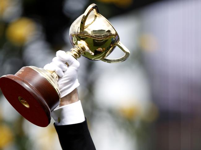 VRC Chairman Neil Wilson presents the Melbourne Cup  trophy during 2022 Melbourne Cup Day at Flemington Racecourse on November 01, 2022 in Melbourne, Australia. (Photo by Jonathan DiMaggio/Getty Images for VRC)