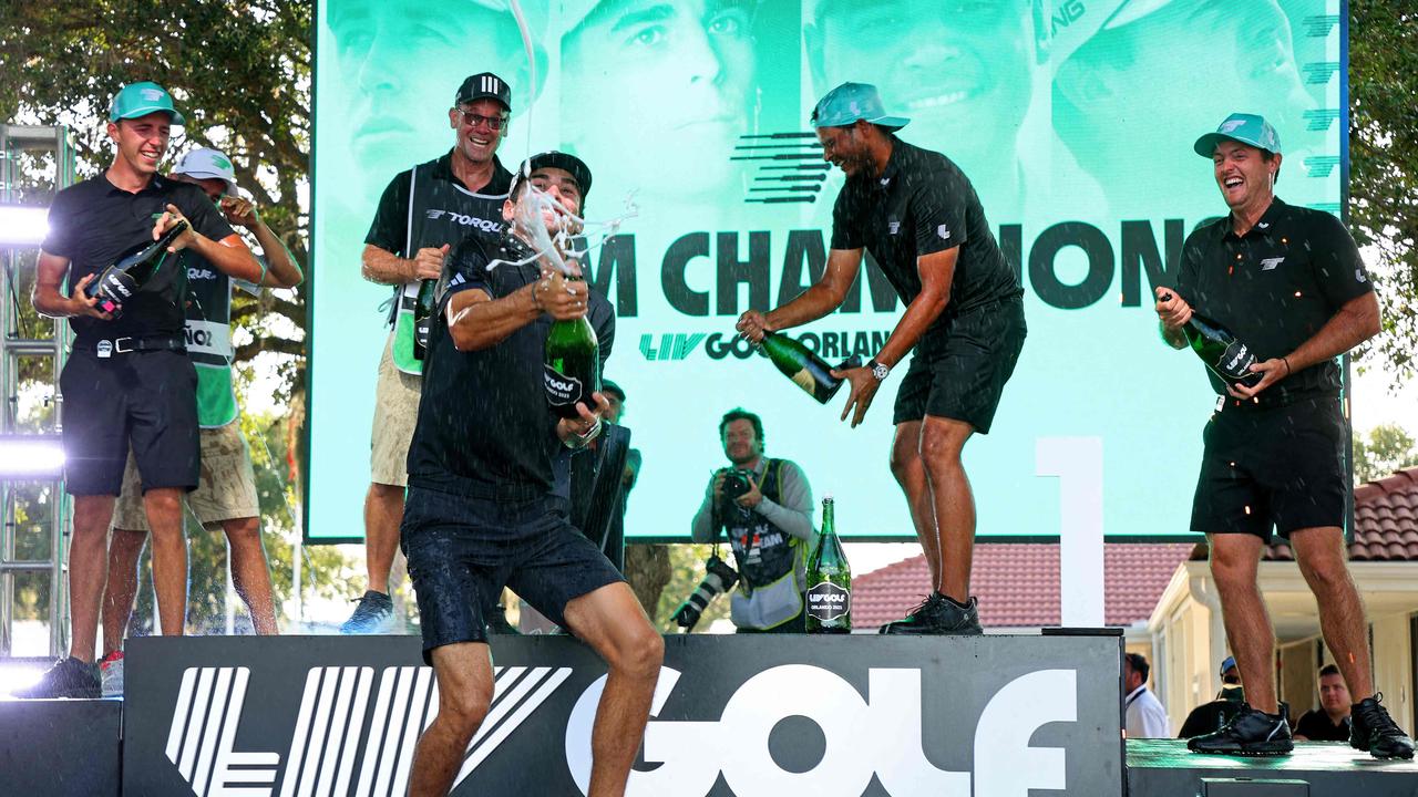 Sebastian Munoz, Mito Pereira, Joaquin Niemann,and David Puig of Torgue GCcelebrate winning the team event at the LIV Golf Invitational - Orlando at The Orange County National on April 02, 2023 in Orlando, Florida.