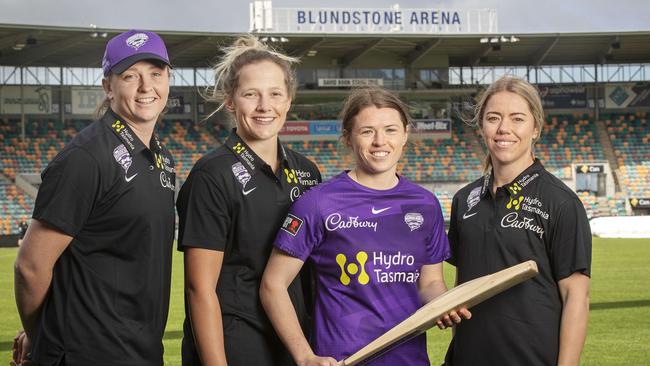 WBBL Hurricanes coach Salliann Beams, Chloe Rafferty, Sasha Moloney and Naomi Stalenberg at Blundstone Arena. Picture: Chris Kidd