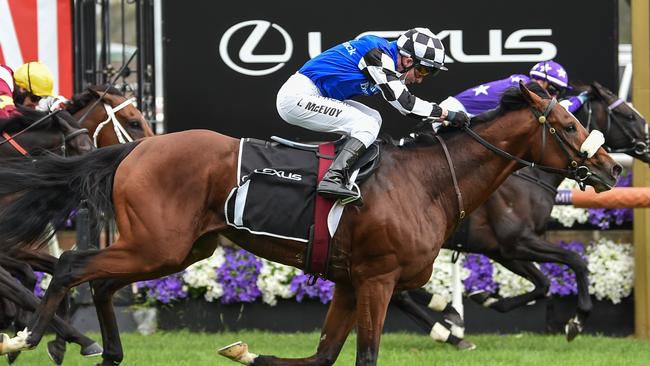 Ashrun grabbed his Cup spot with a late lunge in the Hotham Handicap. Picture: Racing Photos via Getty Images