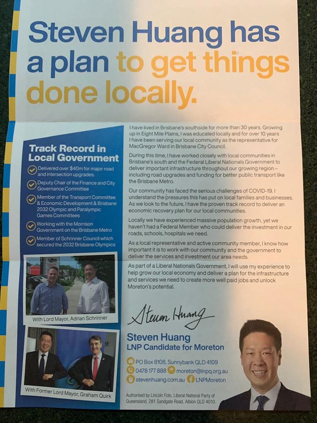 A flyer sent by LNP candidate Steven Huang bore a striking resemblance to a Brisbane Council newsletter.