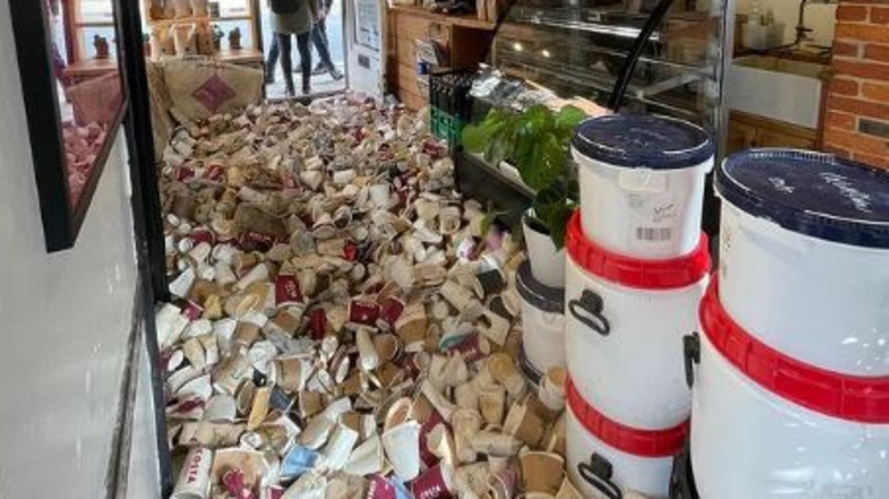 Otto's Coffee House &amp; Kitchen filled its store with disposable cups to highlight how wasteful they are. Picture: Instagram/weareottos