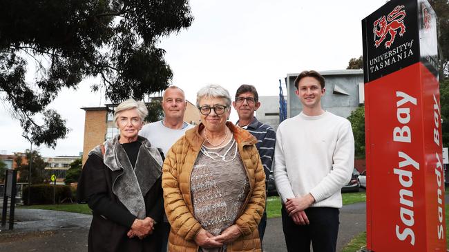 Members of Save UTAS campus supporters group Colleen McCulloch, Denis McLoughlin, Pam Sharpe, Ben Lohberger and Fletcher Clarke. Picture: Nikki Davis-Jones