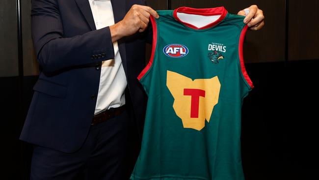 Matthew Richardson poses with The Tasmania Devils inaugural jumper during the Tasmania Football Club Launch (Photo by Michael Willson/AFL Photos via Getty Images)