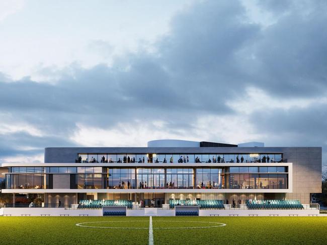 Artists's impression of view from soccer pitch to club building.