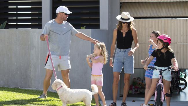 David and Candice Warner with daughters Ivy Mae, Indi Rae and Isla Rose the morning after the retirement party. Picture: Daily Telegraph / Monique Harmer